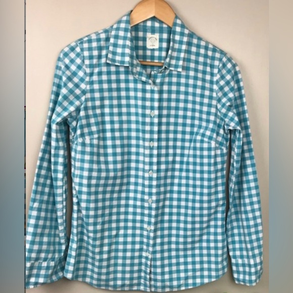 J. Crew perfect button down shirt shirt teal white gingham size 10 - Picture 1 of 7
